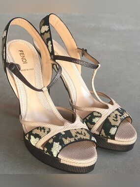 Fendi Y2K Leopard Sequin Lizard Embossed T-Strap Platform Heels EU 38